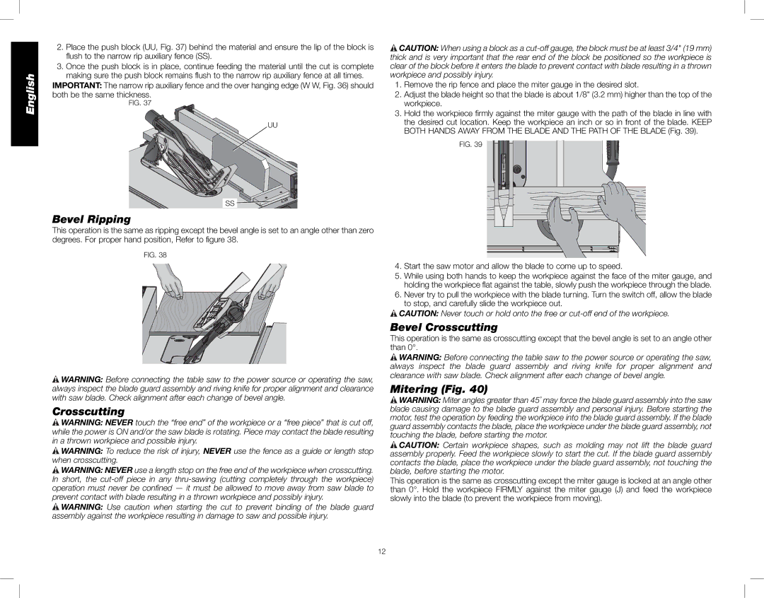 DeWalt DWE7490X instruction manual Bevel Ripping, Bevel Crosscutting, Mitering Fig 