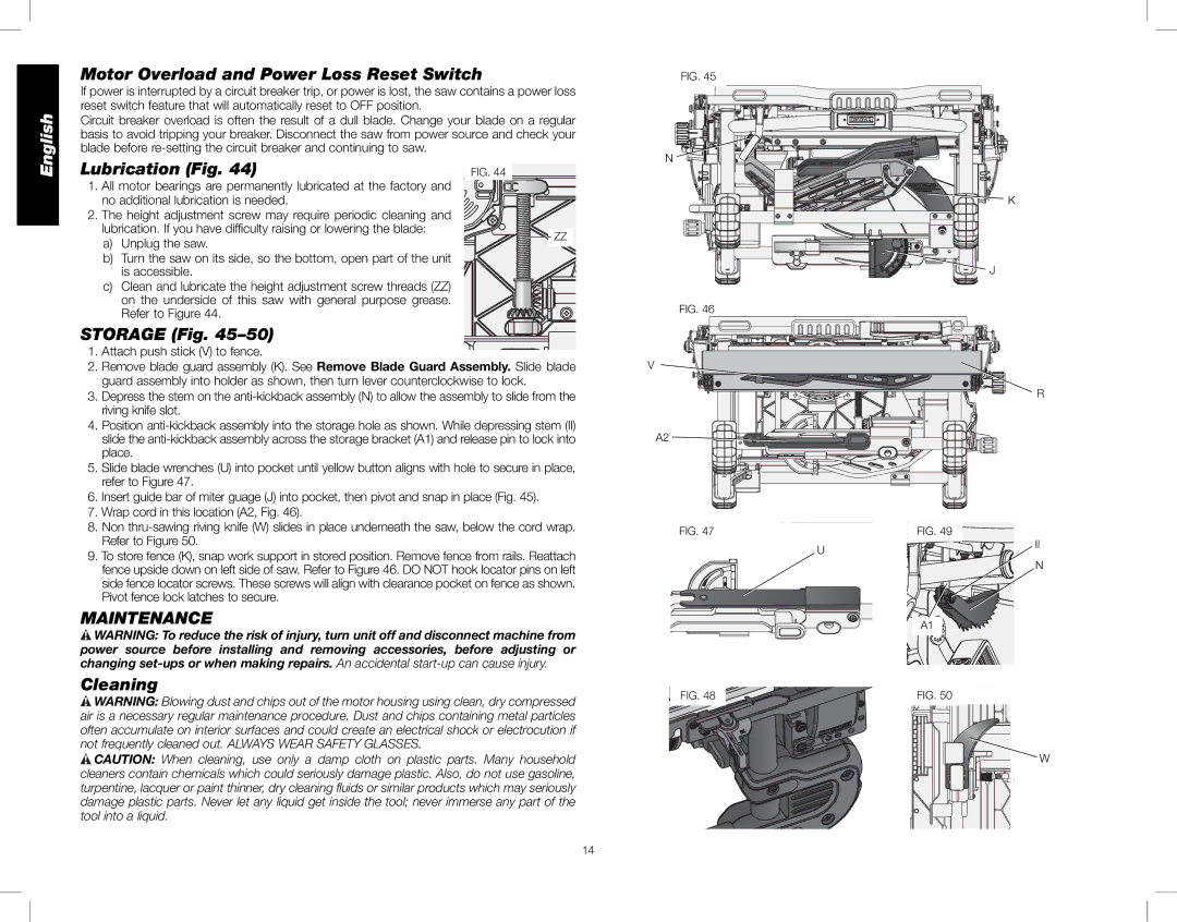 DeWalt DWE7490X Motor Overload and Power Loss Reset Switch, Lubrication Fig, Storage Fig, Maintenance, Cleaning 