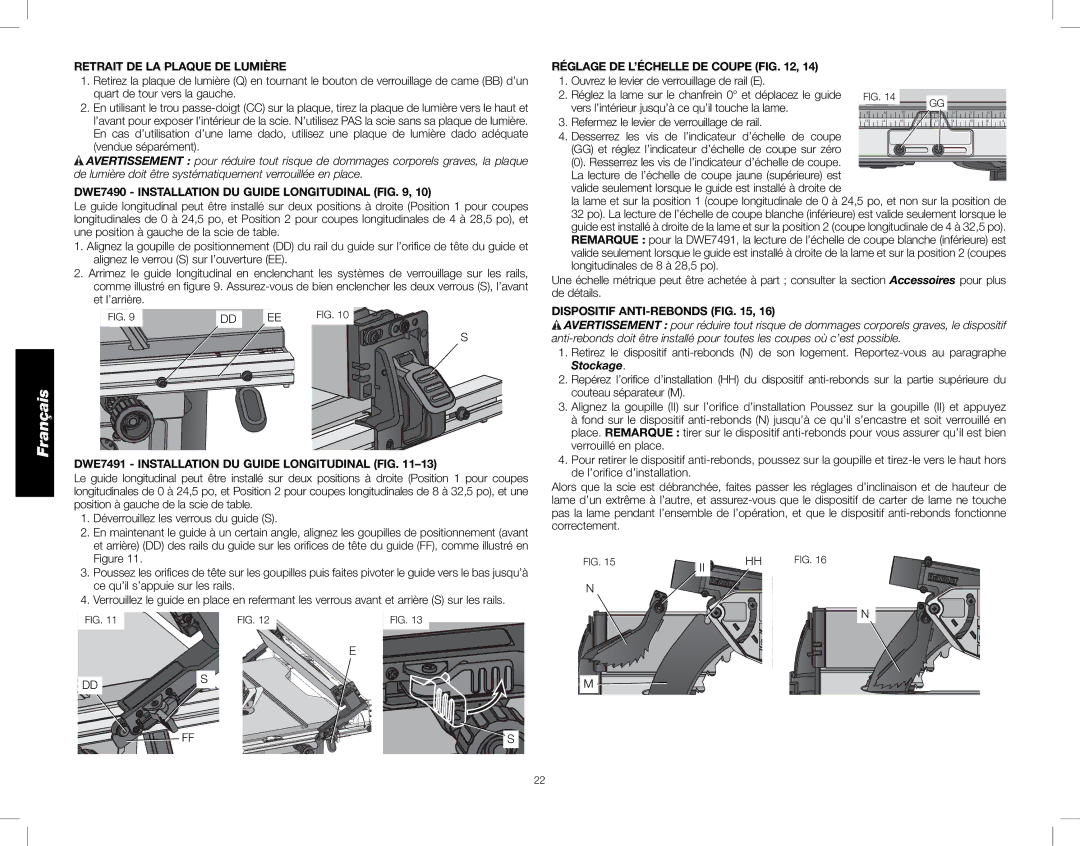 DeWalt DWE7490X Retrait DE LA Plaque DE Lumière, DWE7490 Installation DU Guide Longitudinal, Dispositif ANTI-REBONDS 