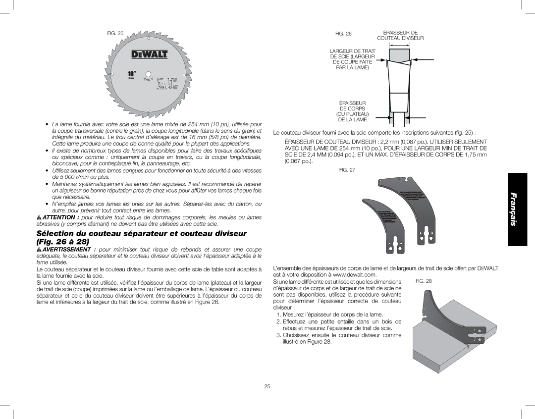 DeWalt DWE7490X instruction manual Sélection du couteau séparateur et couteau diviseur à 