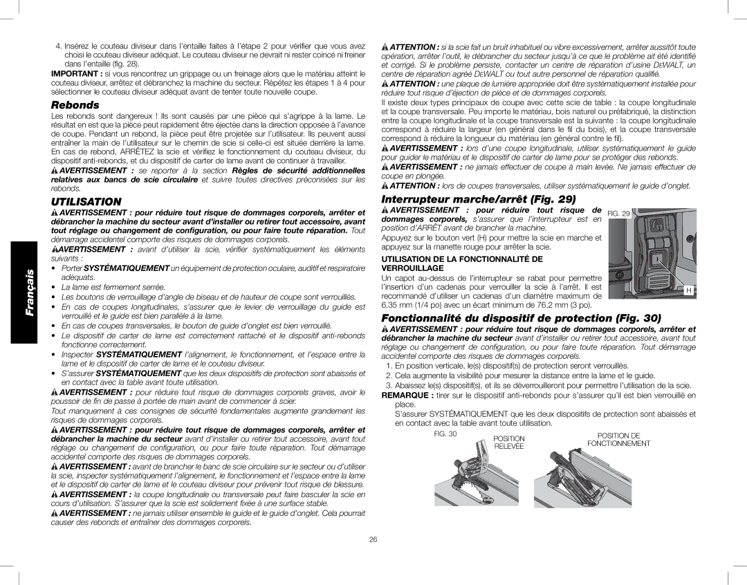 DeWalt DWE7490X Rebonds, Utilisation, Interrupteur marche/arrêt Fig, Fonctionnalité du dispositif de protection Fig 