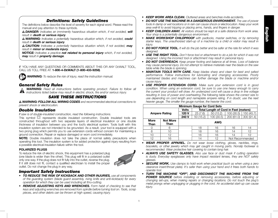 DeWalt DWE7490X Deﬁnitions Safety Guidelines, General Safety Rules Double Insulation, Important Safety Instructions, Awg 