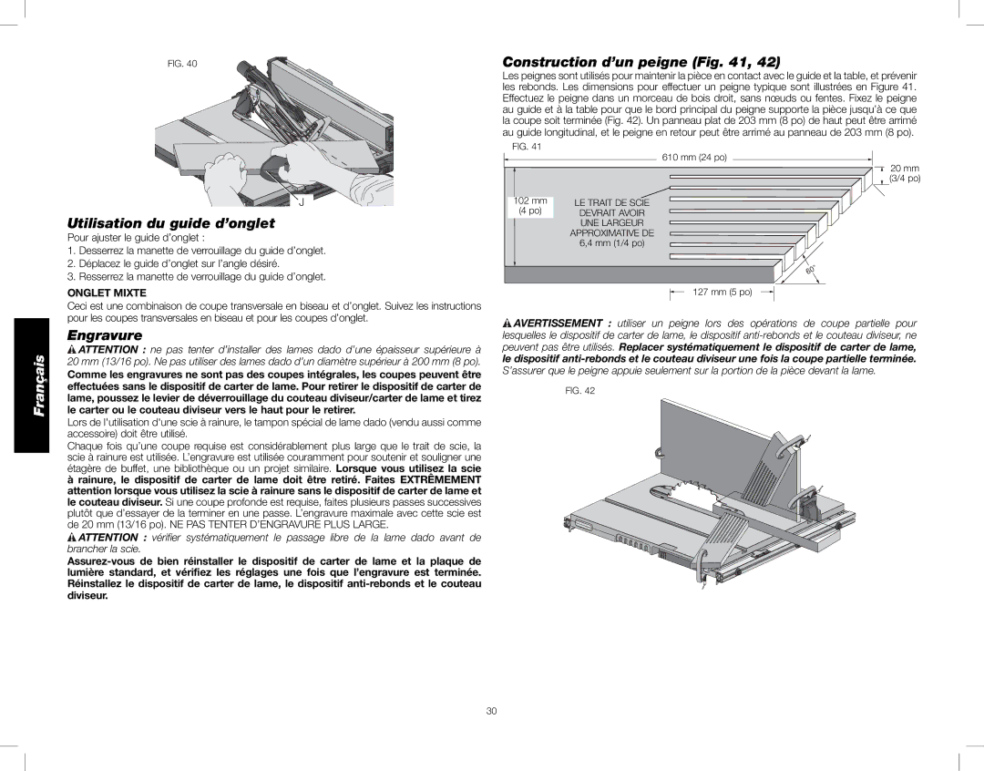 DeWalt DWE7490X instruction manual Utilisation du guide d’onglet, Engravure, Construction d’un peigne, Onglet Mixte 