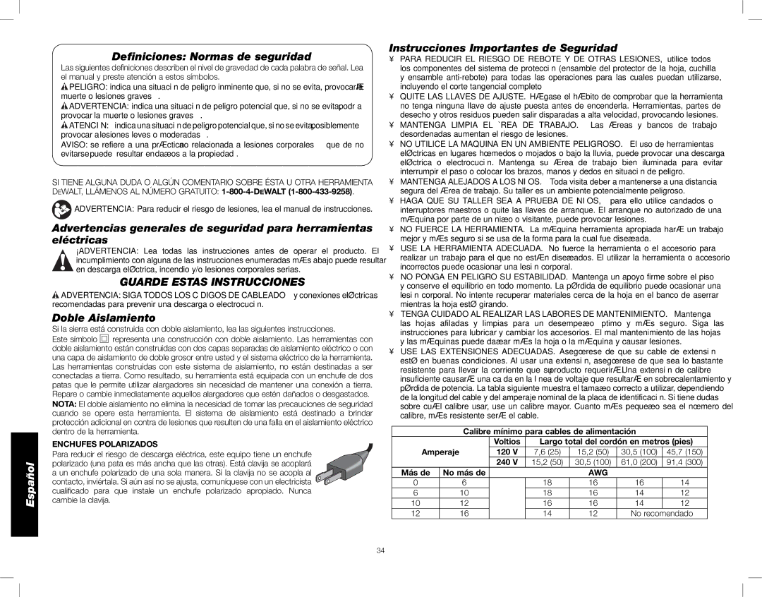 DeWalt DWE7490X Deﬁniciones Normas de seguridad, Guarde Estas Instrucciones, Doble Aislamiento, Enchufes Polarizados 