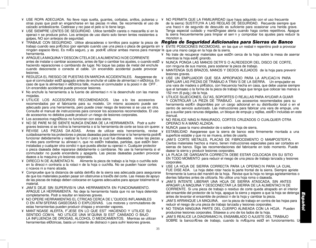 DeWalt DWE7490X instruction manual Reglas de Seguridad Adicionales para Sierras de Banco 