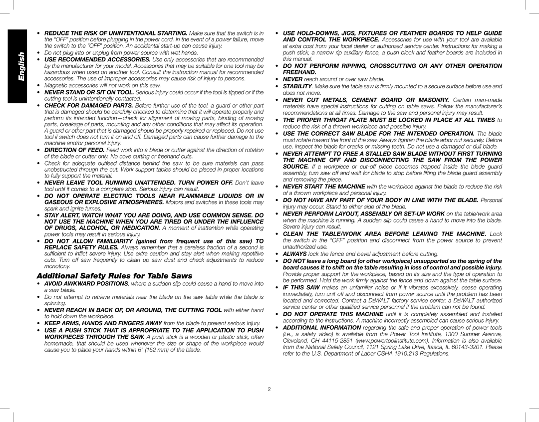 DeWalt DWE7490X Additional Safety Rules for Table Saws, Always lock the fence and bevel adjustment before cutting 