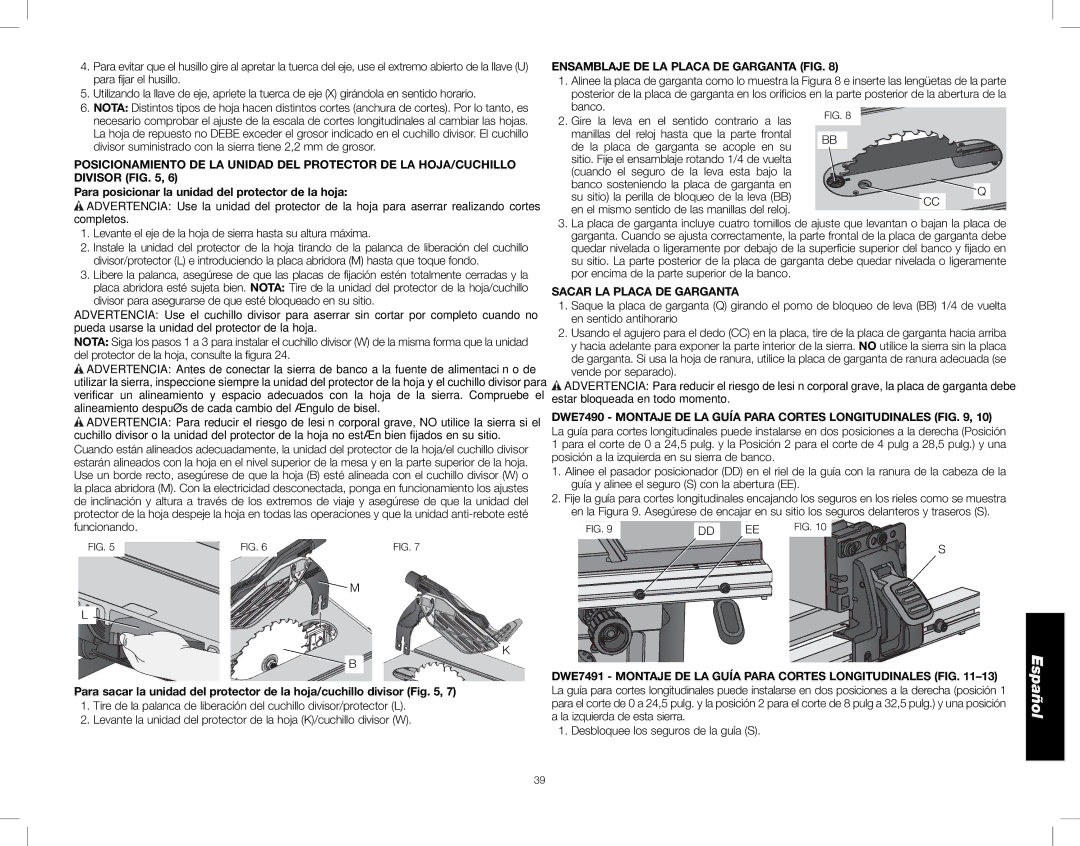 DeWalt DWE7490X Para posicionar la unidad del protector de la hoja, Ensamblaje DE LA Placa DE Garganta FIG 