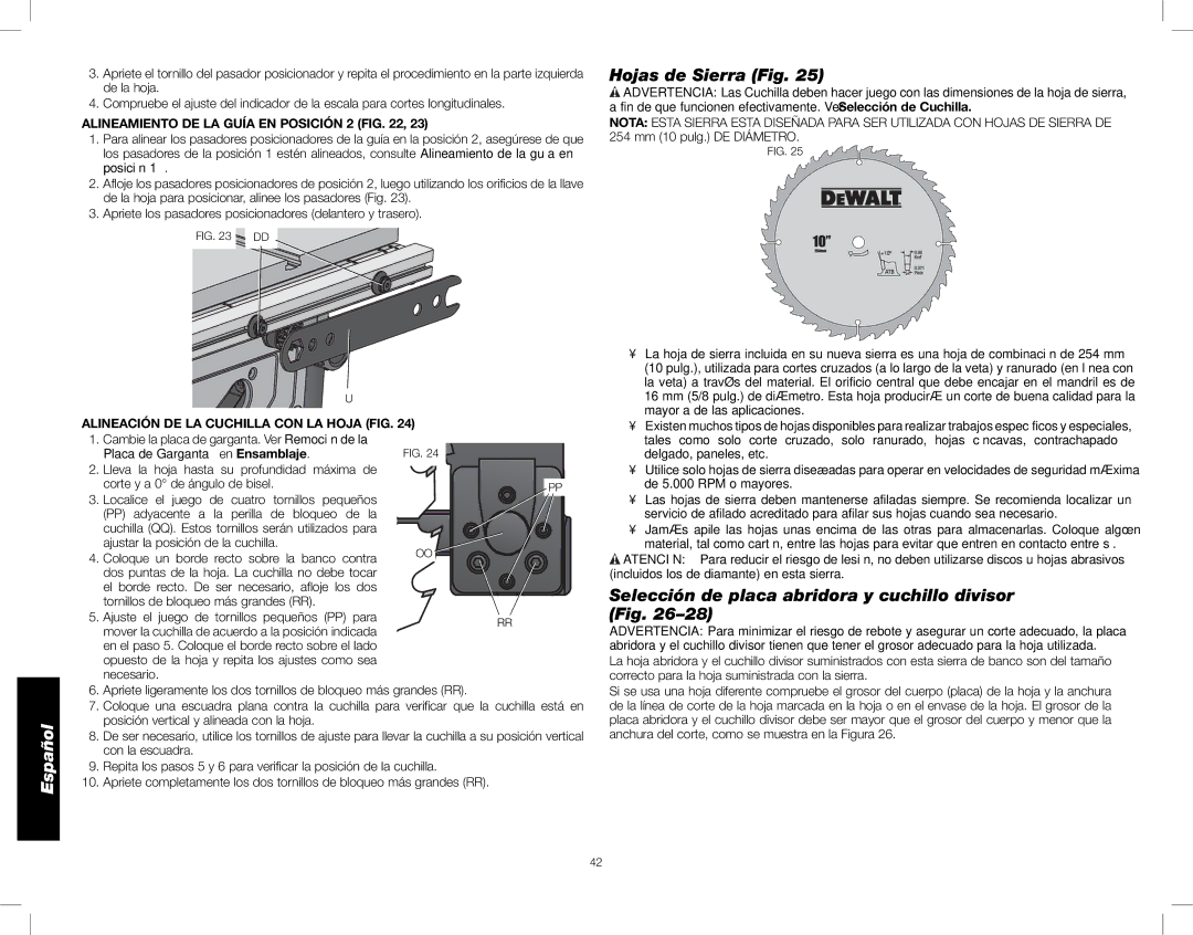 DeWalt DWE7490X Hojas de Sierra Fig, Selección de placa abridora y cuchillo divisor, Alineamiento DE LA Guía EN Posición 2 