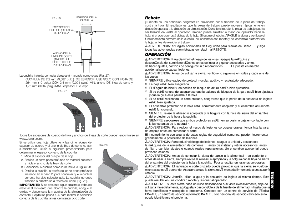 DeWalt DWE7490X instruction manual Rebote, Operación 