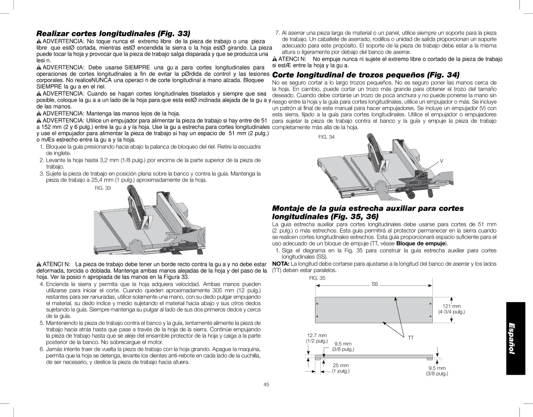 DeWalt DWE7490X instruction manual Realizar cortes longitudinales Fig, Corte longitudinal de trozos pequeños Fig 