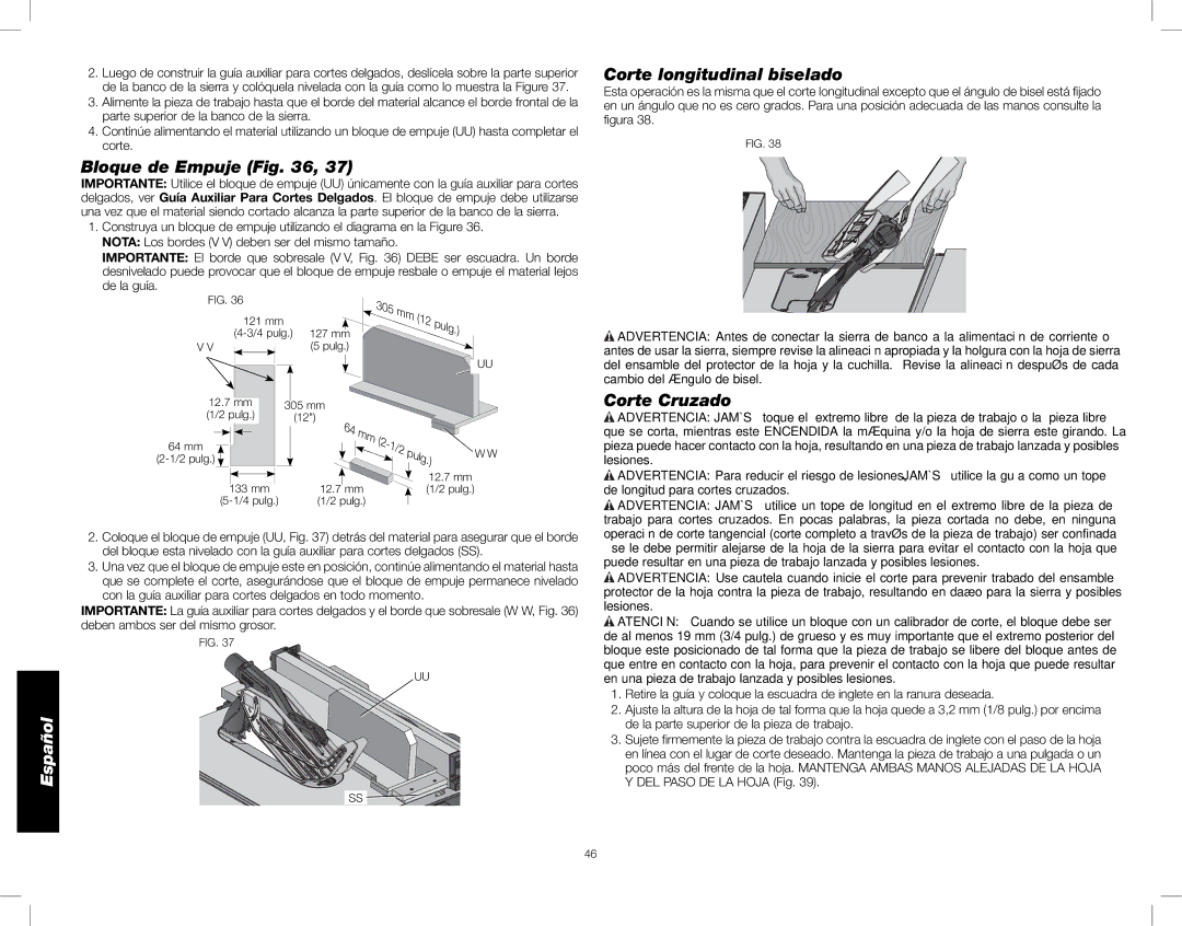 DeWalt DWE7490X instruction manual Bloque de Empuje, Corte longitudinal biselado, Corte Cruzado, De la guía 