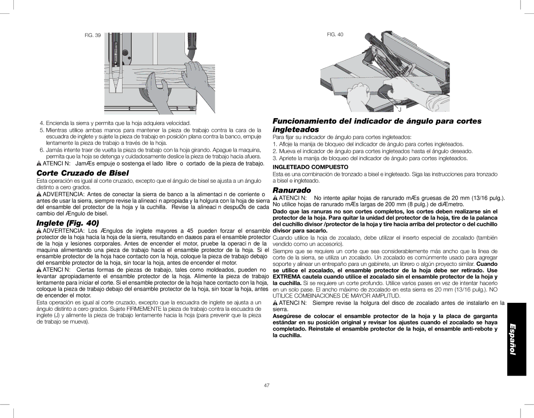 DeWalt DWE7490X instruction manual Corte Cruzado de Bisel, Inglete Fig, Ranurado, Ingleteado Compuesto 