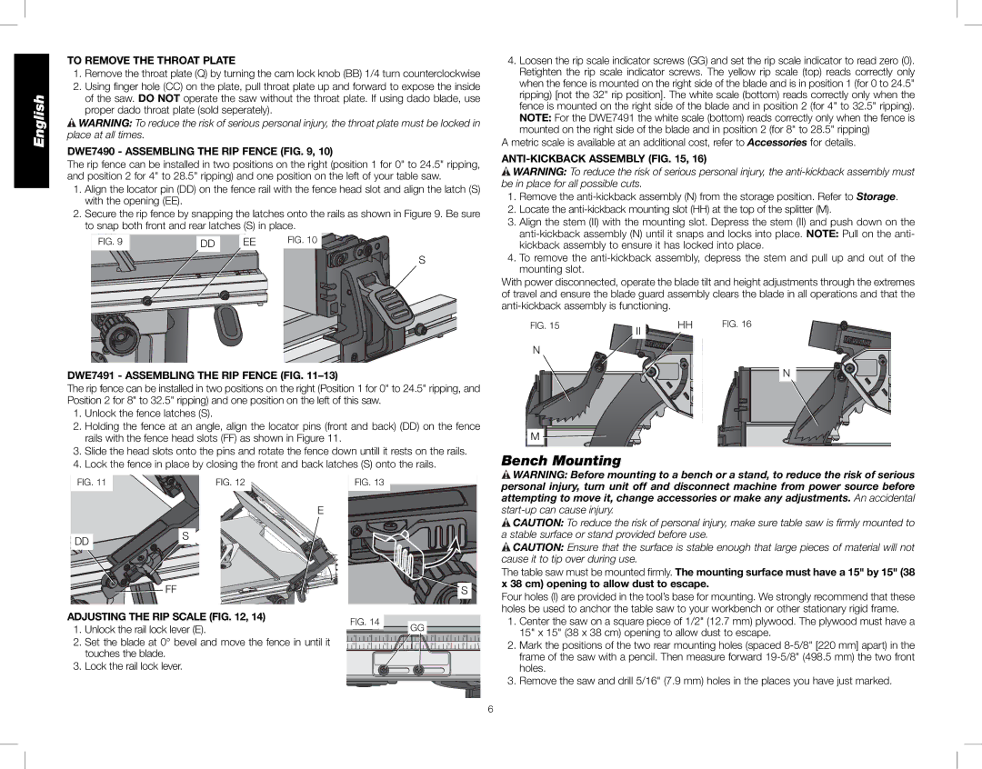 DeWalt DWE7490X instruction manual Bench Mounting 