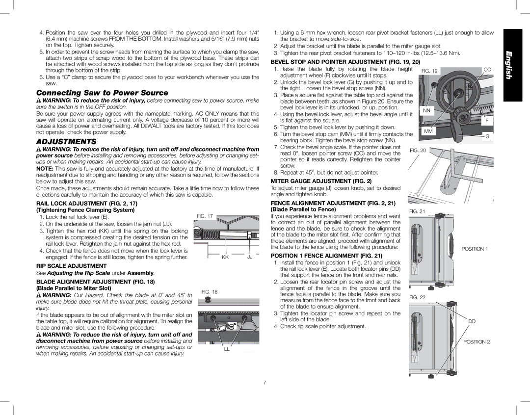 DeWalt DWE7490X instruction manual Connecting Saw to Power Source, Adjustments 