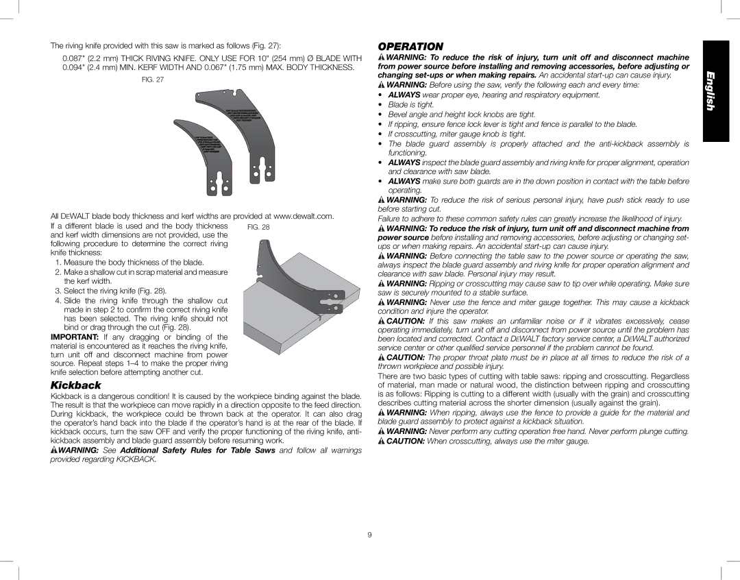 DeWalt DWE7490, DWE7491 instruction manual Kickback, Operation 