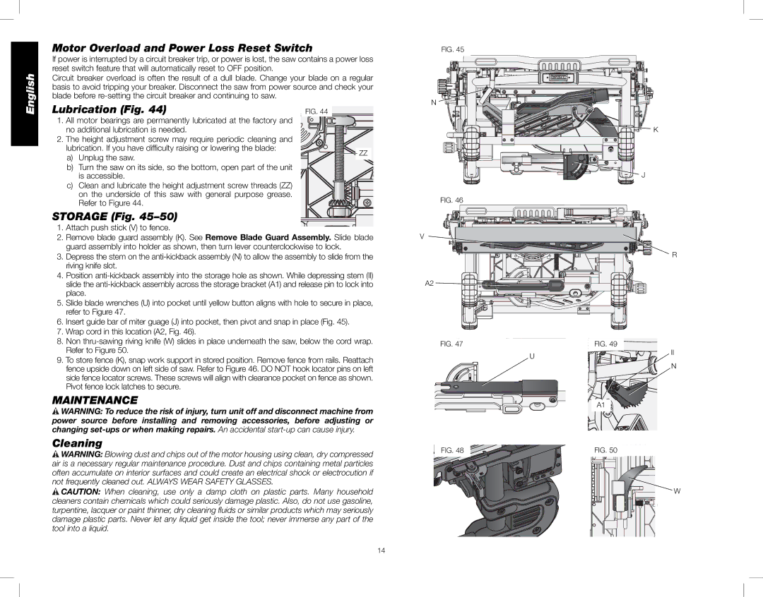 DeWalt DWE7491, DWE7490 Motor Overload and Power Loss Reset Switch, Lubrication Fig, Storage Fig, Maintenance, Cleaning 