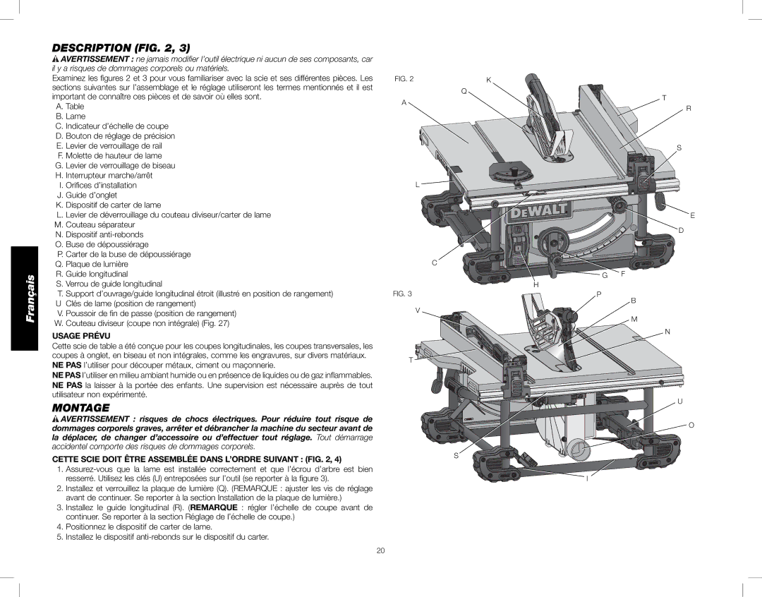 DeWalt DWE7491, DWE7490 Description, Montage, Usage Prévu, Cette Scie Doit Être Assemblée Dans L’ORDRE Suivant 