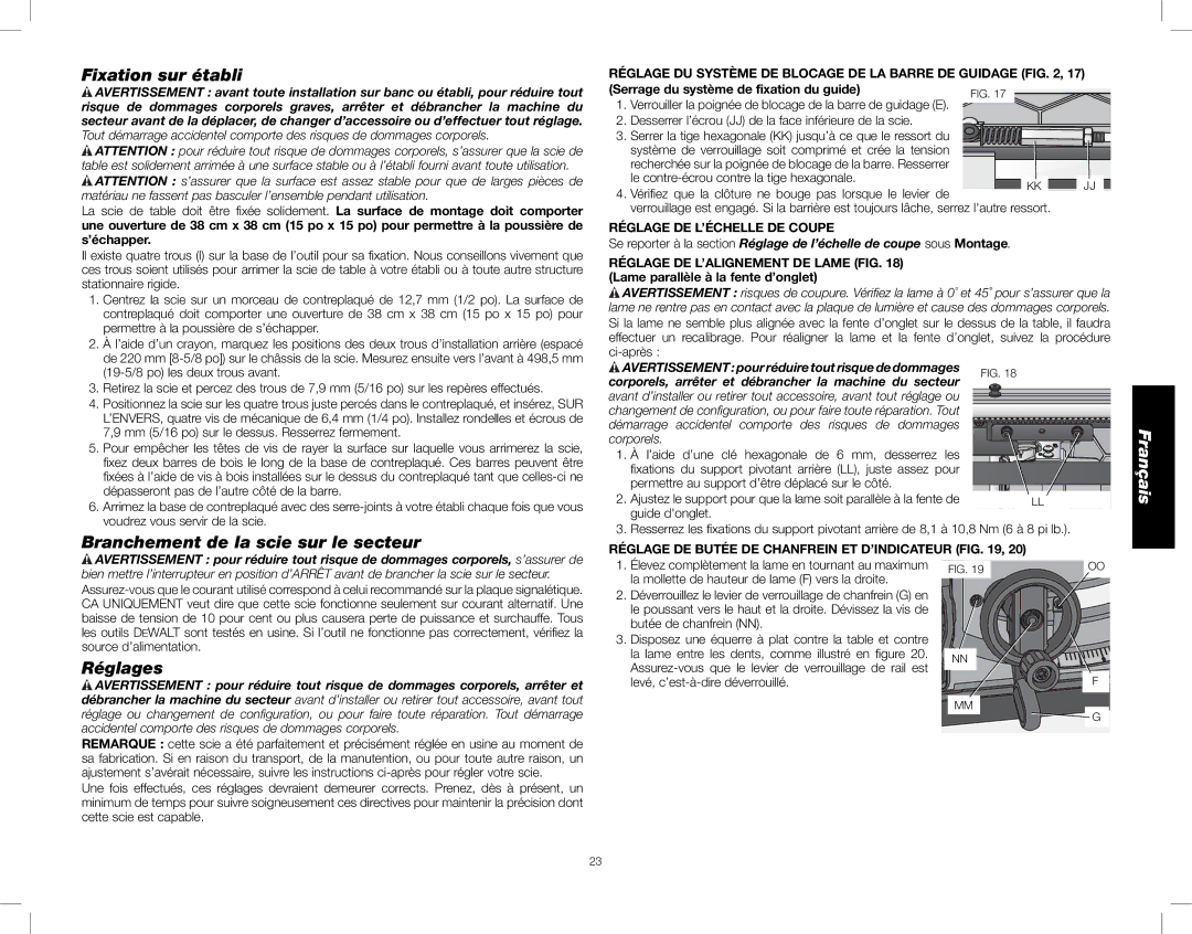 DeWalt DWE7490, DWE7491 instruction manual Fixation sur établi, Branchement de la scie sur le secteur, Réglages 