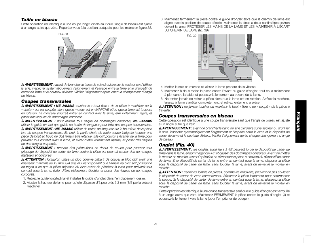 DeWalt DWE7490, DWE7491 instruction manual Taille en biseau, Coupes transversales en biseau, Onglet Fig 