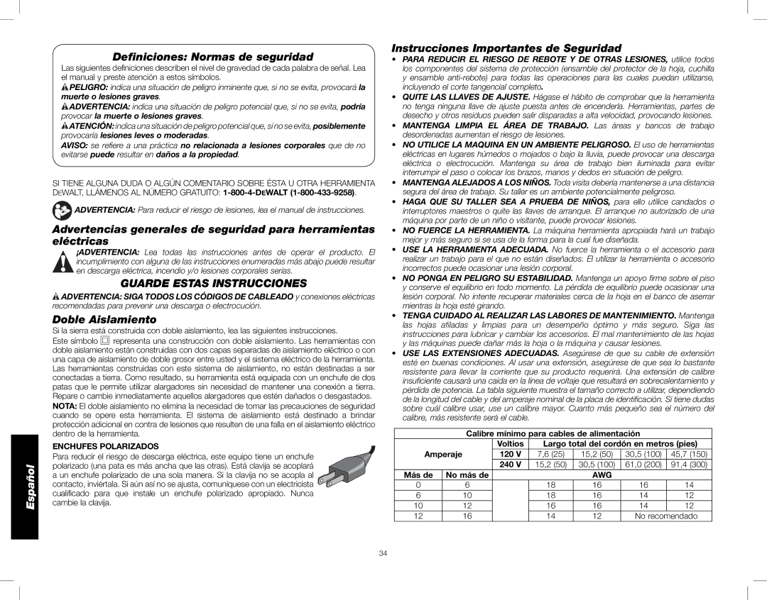 DeWalt DWE7491 Deﬁniciones Normas de seguridad, Guarde Estas Instrucciones, Doble Aislamiento, Enchufes Polarizados 