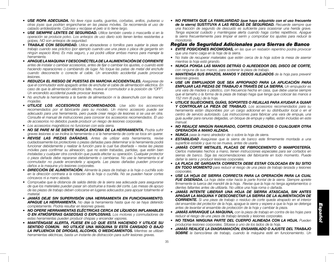 DeWalt DWE7490, DWE7491 instruction manual Reglas de Seguridad Adicionales para Sierras de Banco 