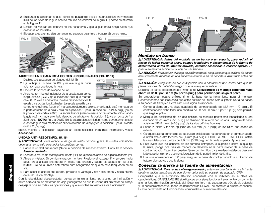 DeWalt DWE7491, DWE7490 Montaje en banco, Conectar la sierra a la fuente de alimentación, Unidad ANTI-REBOTE 