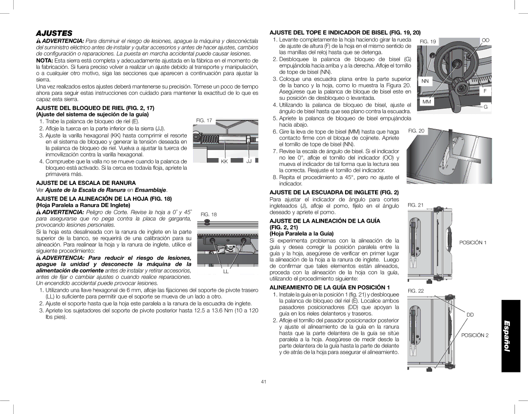 DeWalt DWE7490, DWE7491 instruction manual Ajustes, Ajuste DE LA Escala DE Ranura, Ajuste DEL Tope E Indicador DE Bisel 