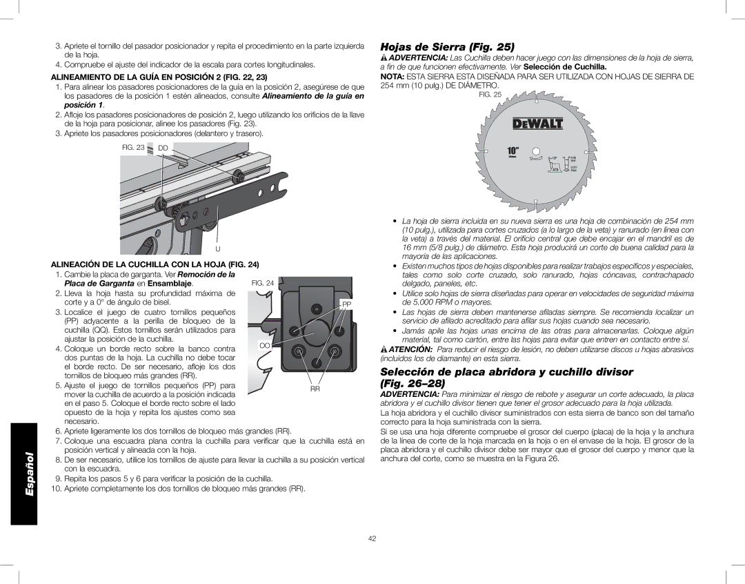 DeWalt DWE7491 Hojas de Sierra Fig, Selección de placa abridora y cuchillo divisor, Alineamiento DE LA Guía EN Posición 2 