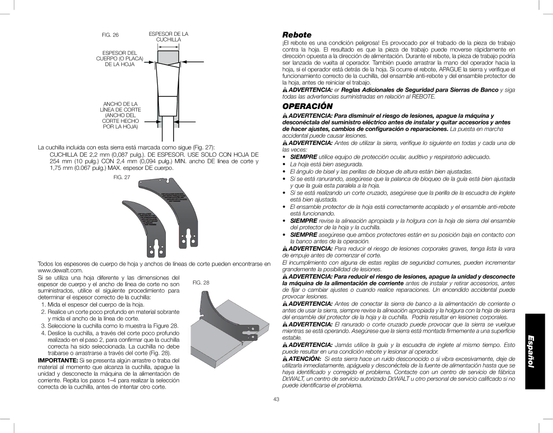 DeWalt DWE7490, DWE7491 instruction manual Rebote, Operación 