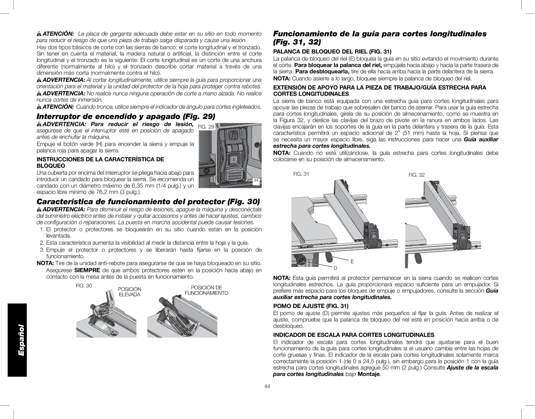 DeWalt DWE7491 Característica de funcionamiento del protector Fig, Palanca DE Bloqueo DEL Riel FIG, Pomo DE Ajuste FIG 