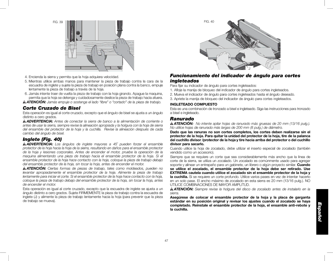 DeWalt DWE7490, DWE7491 instruction manual Corte Cruzado de Bisel, Inglete Fig, Ranurado, Ingleteado Compuesto 