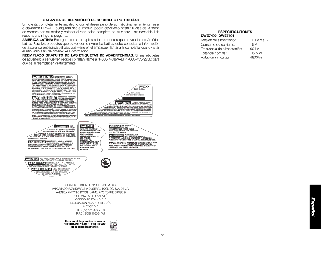 DeWalt instruction manual Garantía DE Reembolso DE SU Dinero POR 90 Días, Especificaciones DWE7490, DWE7491 