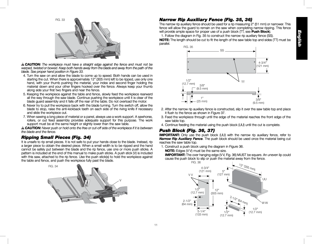 DeWalt DWE7490, DWE7491 instruction manual Ripping Small Pieces Fig, Narrow Rip Auxiliary Fence, Push Block, English 