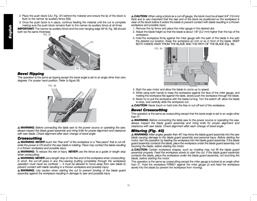 DeWalt DWE7491, DWE7490 instruction manual English, Bevel Ripping, Bevel Crosscutting, Mitering Fig 