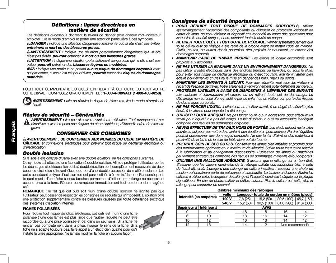 DeWalt DWE7491 Français, Déﬁnitions : lignes directrices en, matière de sécurité, Règles de sécurité – Généralités, volts 