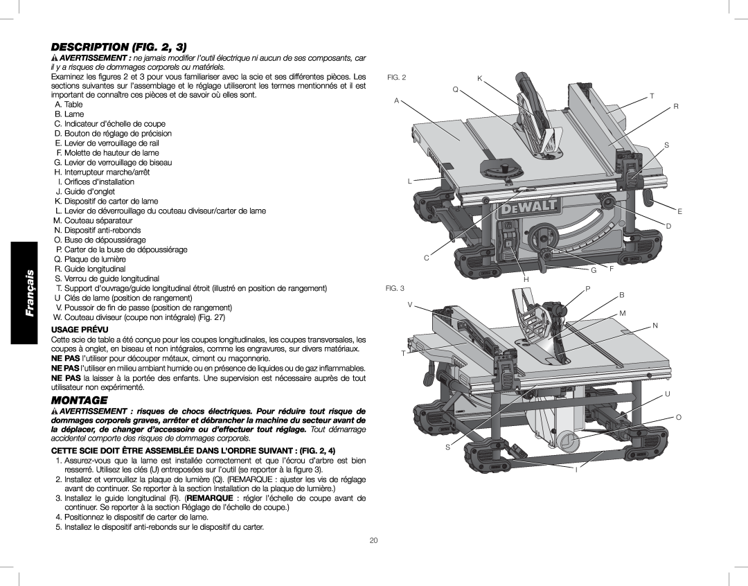 DeWalt DWE7491, DWE7490 instruction manual Français, Description Fig, Montage, Usage Prévu 