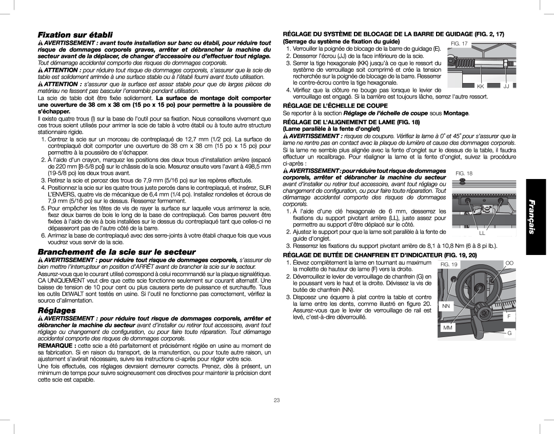 DeWalt DWE7490, DWE7491 instruction manual Fixation sur établi, Branchement de la scie sur le secteur, Français, Réglages 