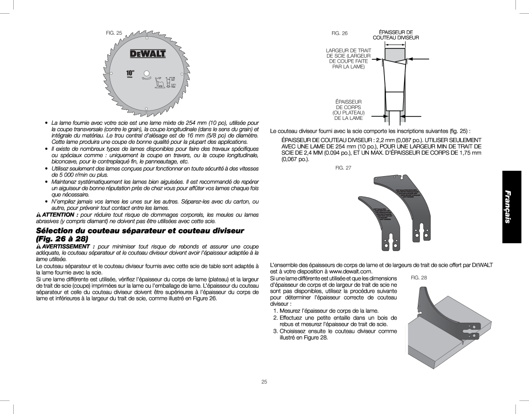 DeWalt DWE7490, DWE7491 instruction manual Français, pour déterminer l’épaisseur correcte de couteau 