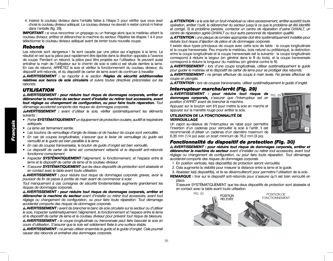 DeWalt DWE7491, DWE7490 instruction manual Rebonds, Français, Utilisation, Interrupteur marche/arrêt Fig 