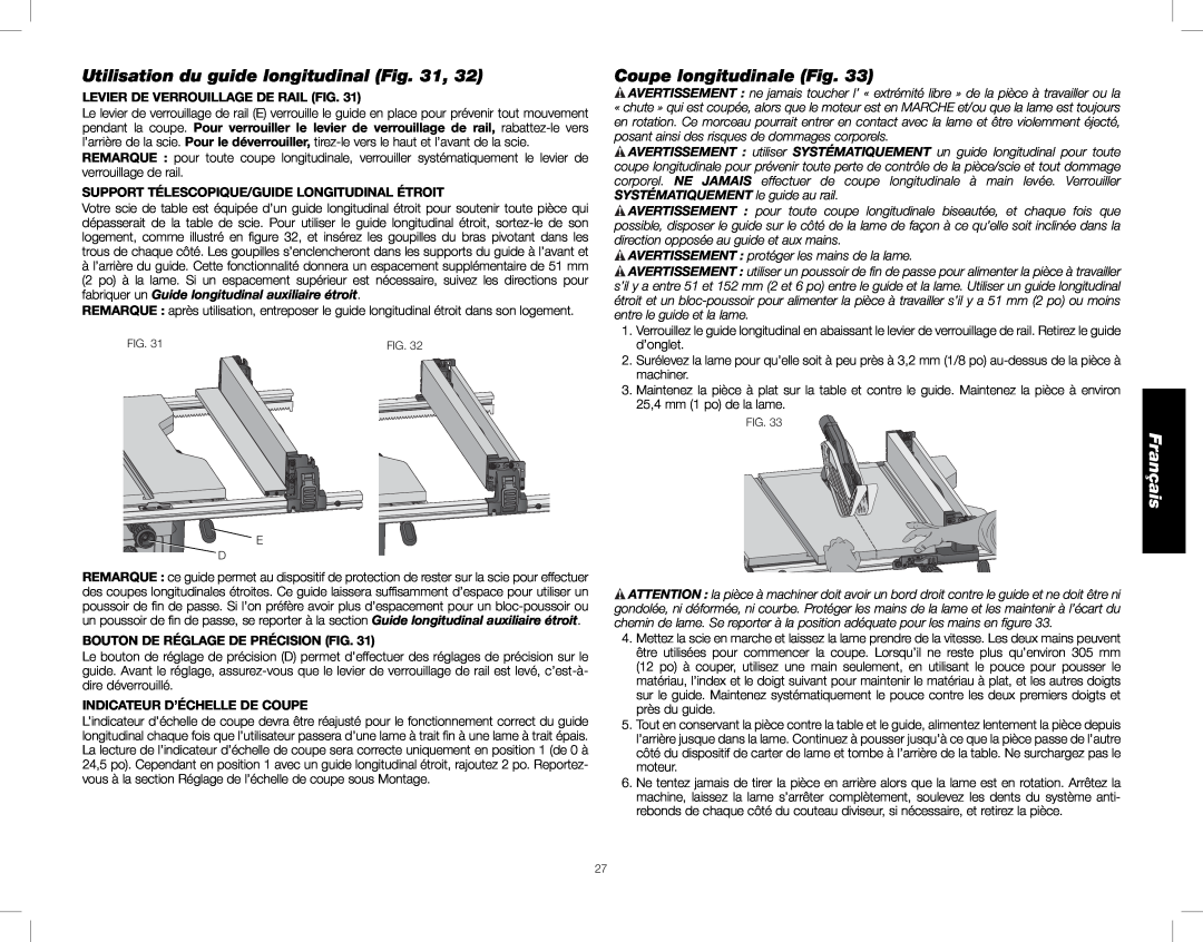 DeWalt DWE7490 Utilisation du guide longitudinal, Coupe longitudinale Fig, Français, Levier De Verrouillage De Rail Fig 