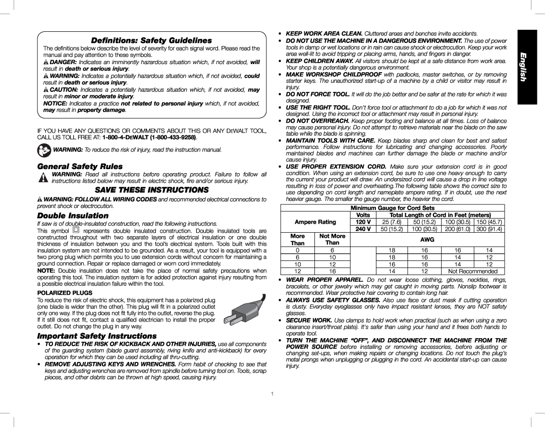 DeWalt DWE7490 Deﬁnitions: Safety Guidelines, General Safety Rules, Save These Instructions, Double Insulation, English 
