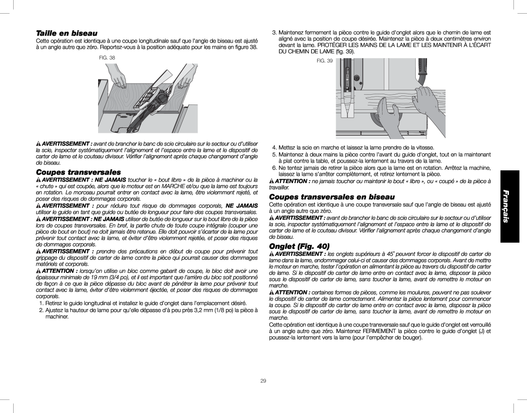 DeWalt DWE7490, DWE7491 instruction manual Taille en biseau, Coupes transversales en biseau, Onglet Fig, Français 
