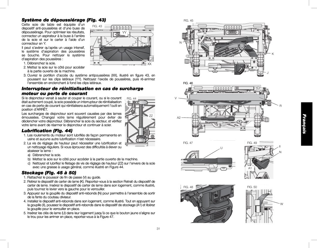 DeWalt DWE7490, DWE7491 instruction manual Système de dépoussiérage Fig, Lubriﬁcation Fig, Stockage à, Français 