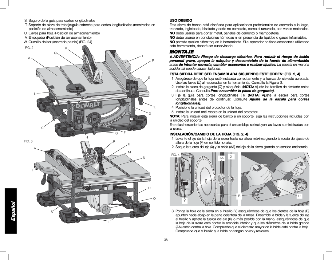 DeWalt DWE7491, DWE7490 instruction manual Montaje, Español, Uso Debido, Instalación/Cambio De La Hoja 