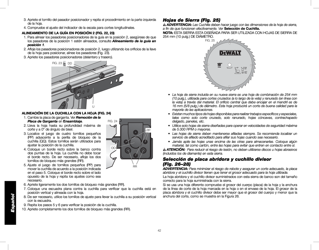 DeWalt DWE7491, DWE7490 instruction manual Hojas de Sierra Fig, Selección de placa abridora y cuchillo divisor, Español, 28 