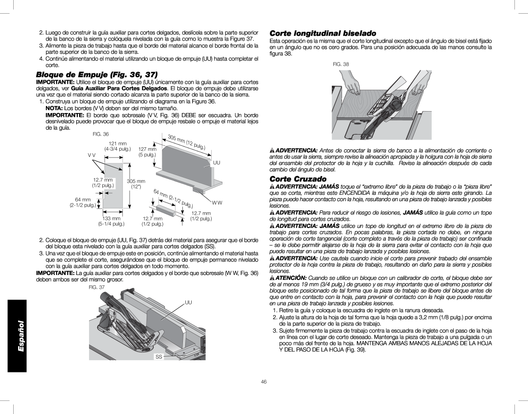DeWalt DWE7491, DWE7490 instruction manual Bloque de Empuje, Corte longitudinal biselado, Corte Cruzado, Español 