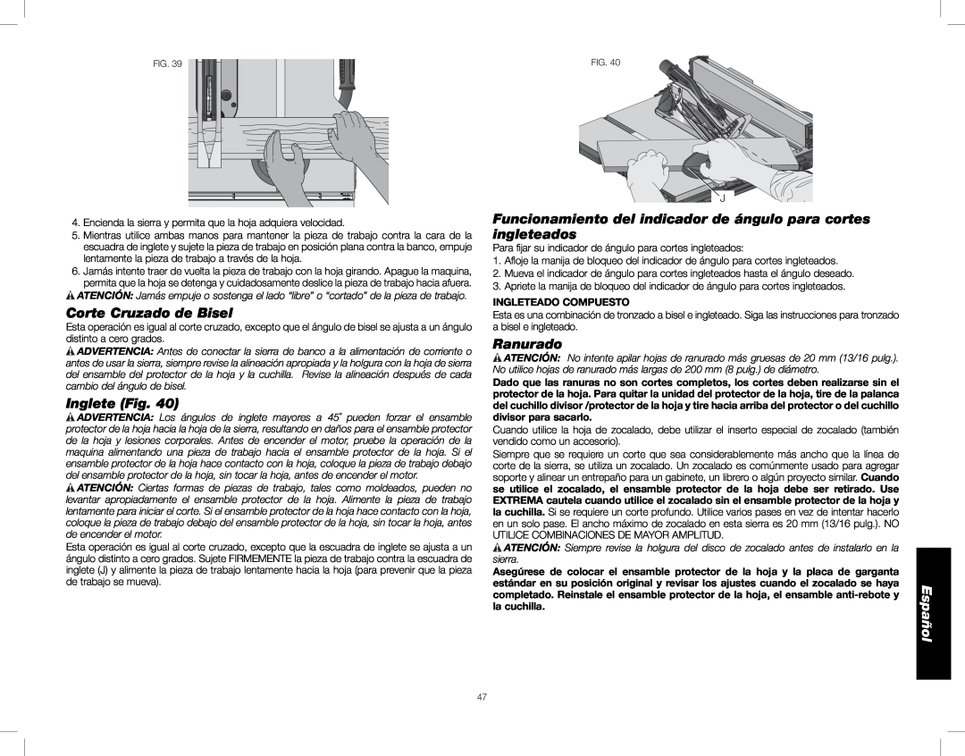 DeWalt DWE7490, DWE7491 instruction manual Corte Cruzado de Bisel, Inglete Fig, Ranurado, Español, Ingleteado Compuesto 