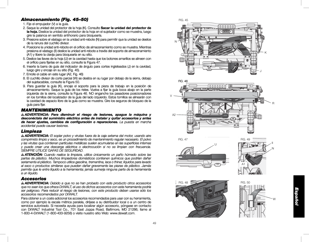 DeWalt DWE7490, DWE7491 instruction manual Almacenamiento –50, Mantenimiento, Limpieza, Accesorios, Español 