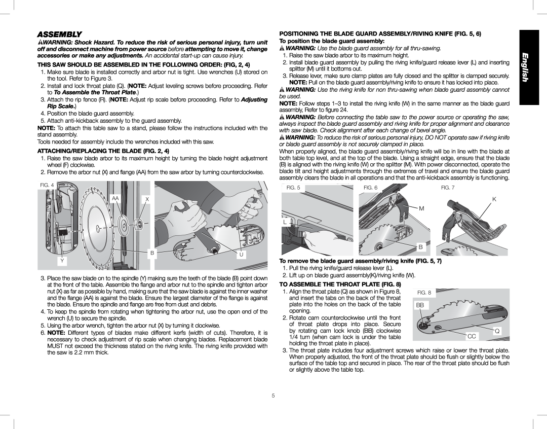 DeWalt DWE7490, DWE7491 Assembly, English, Attaching/Replacing The Blade, To Assemble The Throat Plate Fig 
