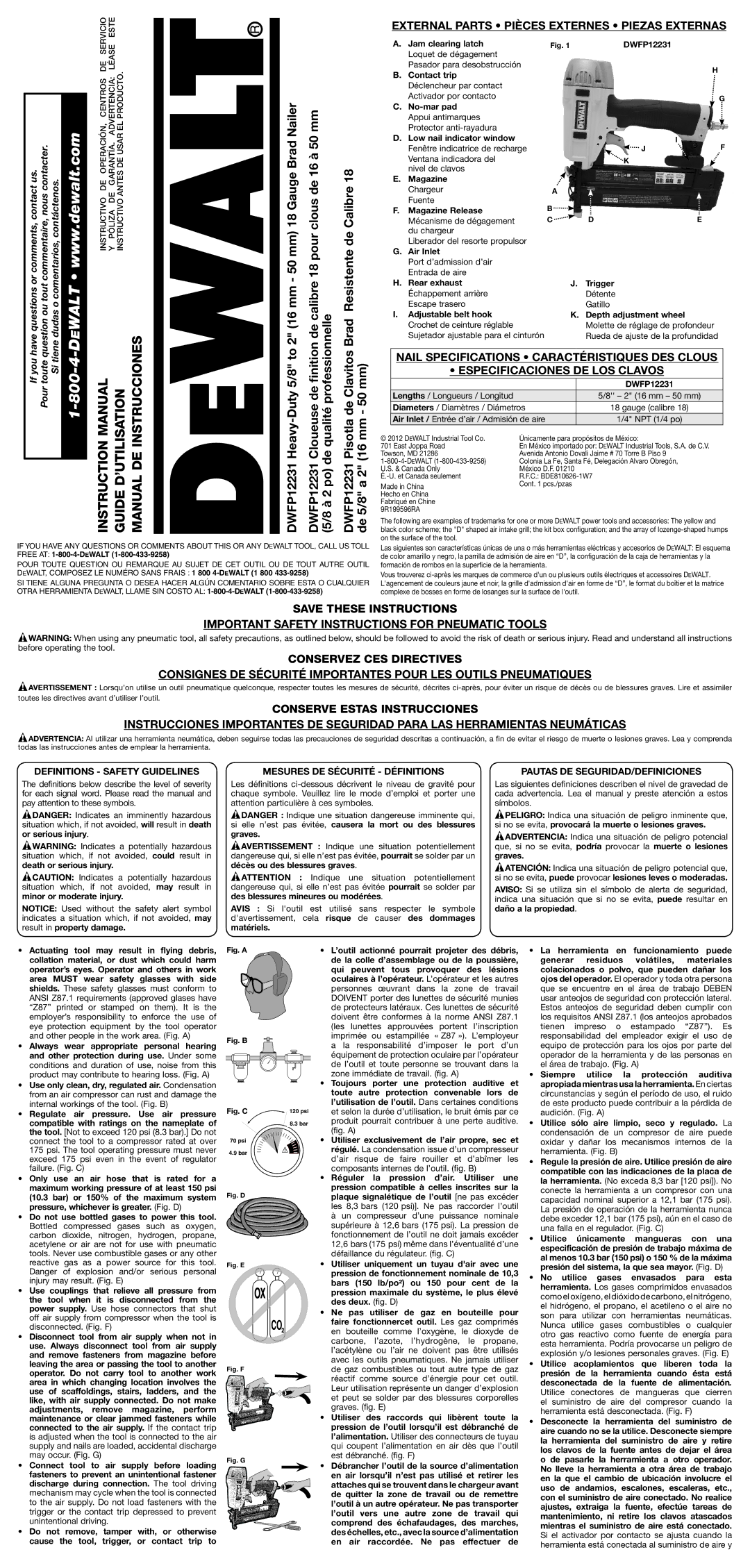 DeWalt DWFP12231 instruction manual Definitions Safety Guidelines, Mesures DE Sécurité Définitions 